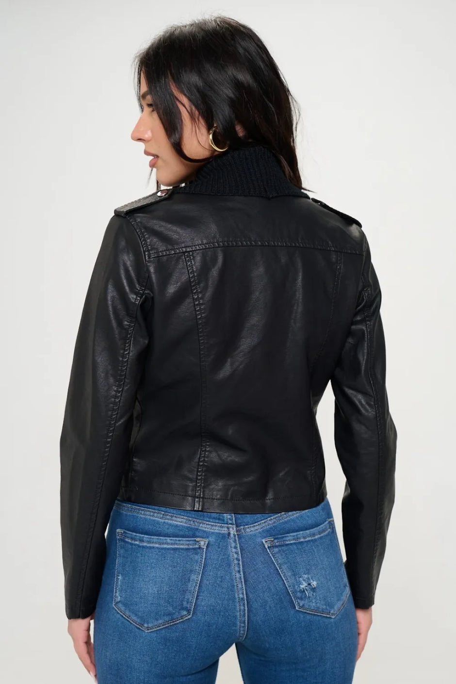 Coalition LA Knit Collared Faux Leather Crop Jacket - SwagglyLife Home & Fashion